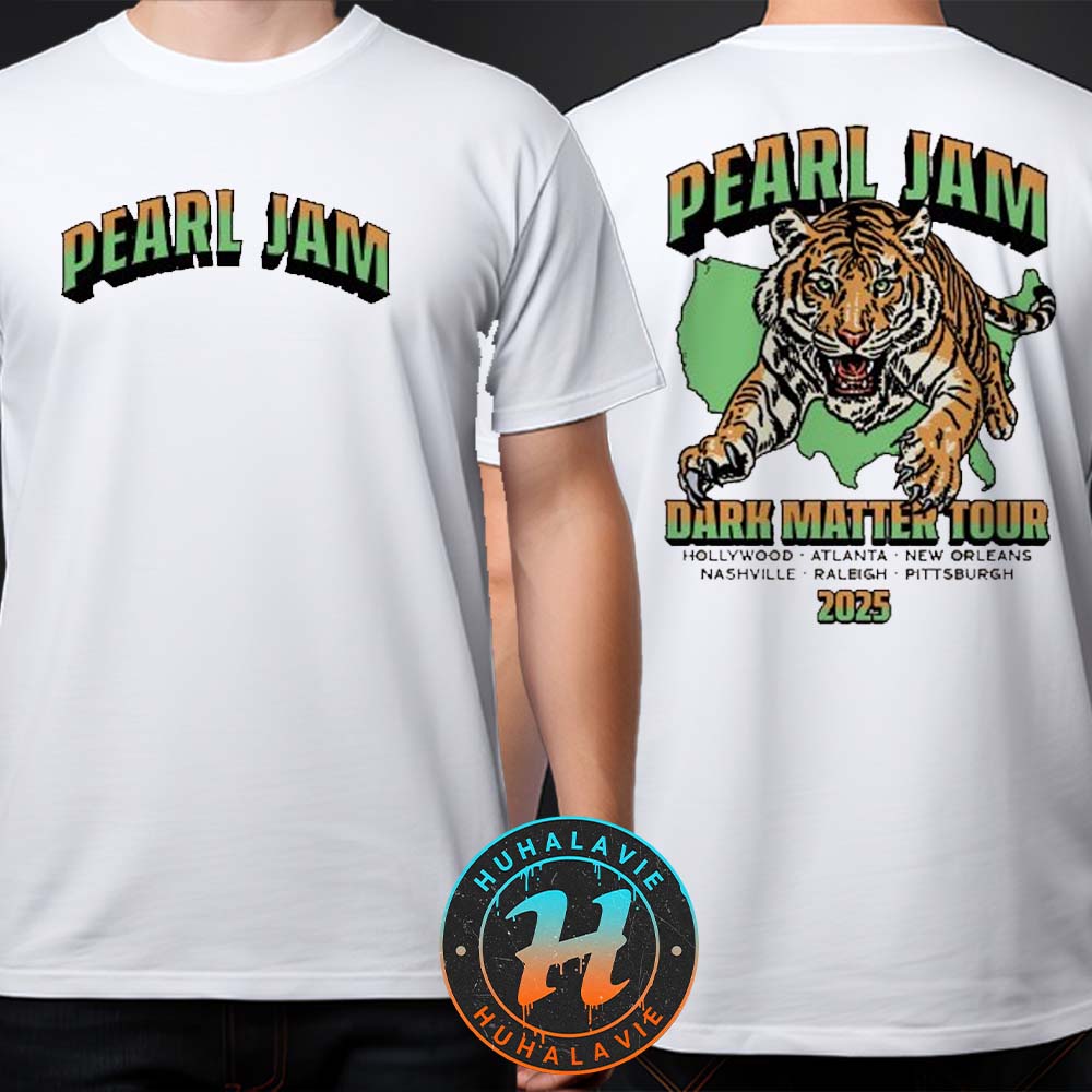 Pearl Jam Tiger Tee Merch Dark Matter Tour 2025 White Two Sided Print T-Shirt Pearl Jam Tiger Tee Merch Dark Matter Tour 2025 White Two Sided Print T-Shirt