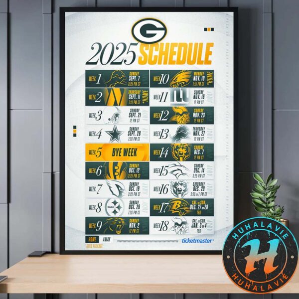 Green Bay Packers NFL 2025 Season Schedule Home Decor Poster Canvas