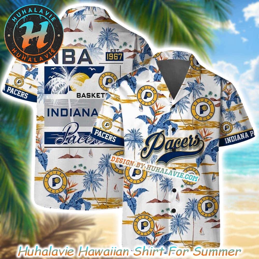 Indiana Pacerss NBA Basketball Tree And Beach Logo White Background Hawaiian Shirt Indiana Pacerss NBA Basketball Tree And Beach Logo White Background Hawaiian Shirt