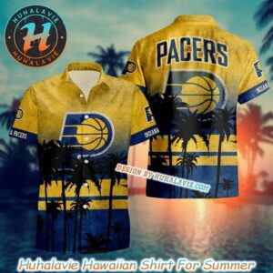 Indiana Pacerss NBA Palm Tree Logo With Yellow Black Background 2025 Hawaiian Shirt