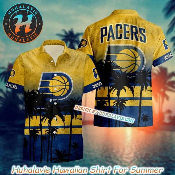 Indiana Pacerss NBA Palm Tree Logo With Yellow Black Background 2025 Hawaiian Shirt