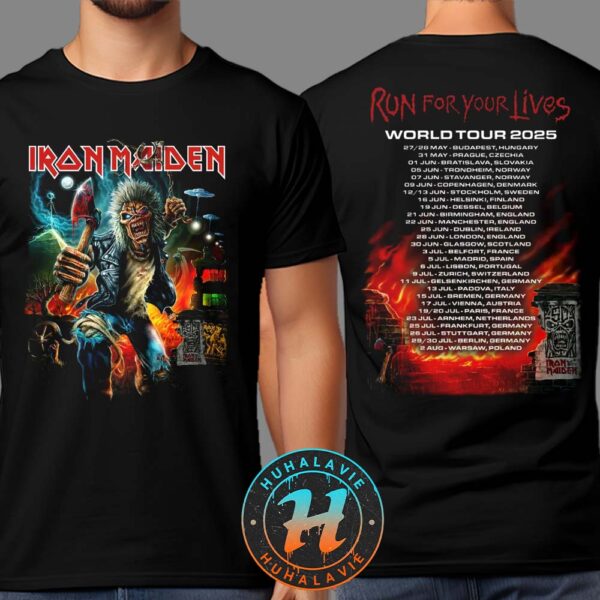 Iron Maiden Merch Tee Run For Your Lives World Tour 2025 Dates List Black Two Sided Print Unisex T-Shirt