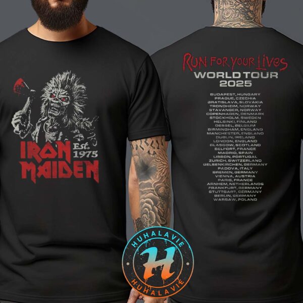 Iron Maiden Tee Eddie 50th Anniversary Tee Run For Your Lives Vintage World Tour 2025 Two Sided Print T-Shirt