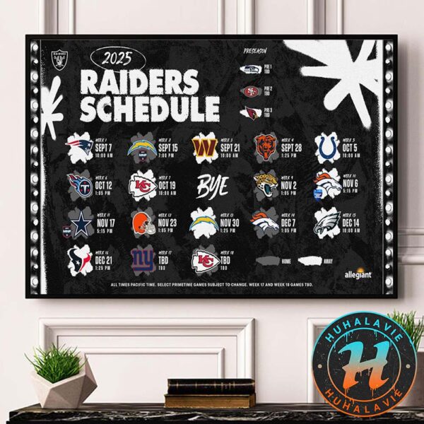 Las Vegas Raiders NFL 2025 Season Schedule Home Decor Poster Canvas