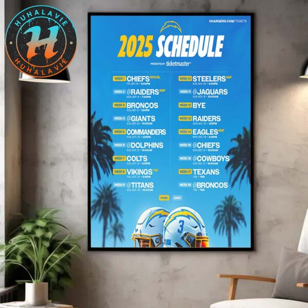 Los Angeles Chargers NFL 2025 Season Schedule Home Decor Poster Canvas