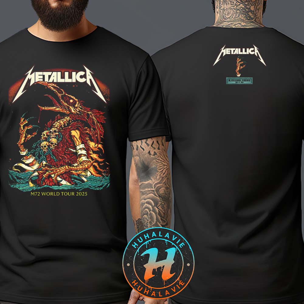 Metallica M72 Virginia Tech Blacksburg VA Pop-Up Shop Exclusive Tee At Lane Stadium On May 7 M72 North America Tour 2025 Two Sided Print T-Shirt Metallica M72 Virginia Tech Blacksburg VA Pop-Up Shop Exclusive Tee At Lane Stadium On May 7 M72 North America Tour 2025 Two Sided Print T-Shirt