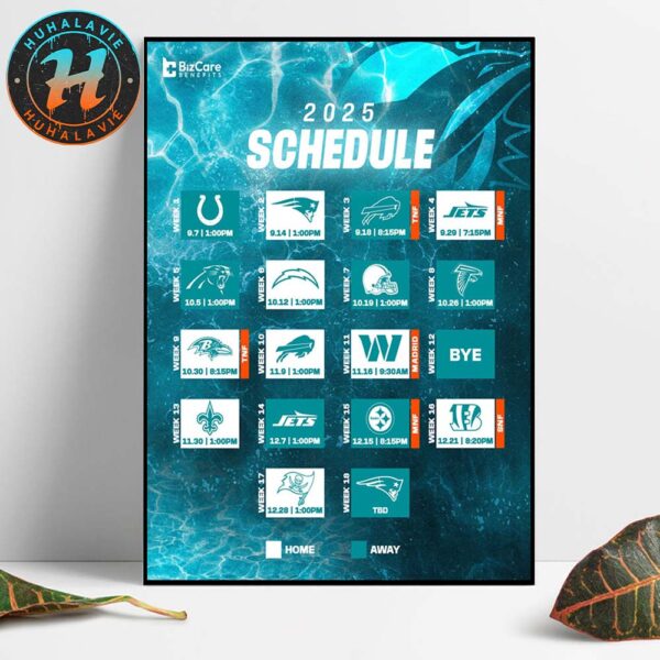 Miami Dolphins NFL 2025 Season Schedule Home Decor Poster Canvas