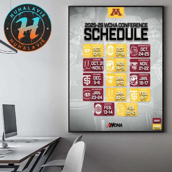 Minnesota Golden Gophers Womens Ice Hockey 2025-26 WCHA Conference Season Schedule Home Decor Poster Canvas