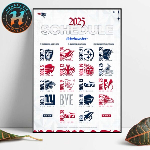 New England Patriots NFL 2025 Season Schedule Home Decor Poster Canvas