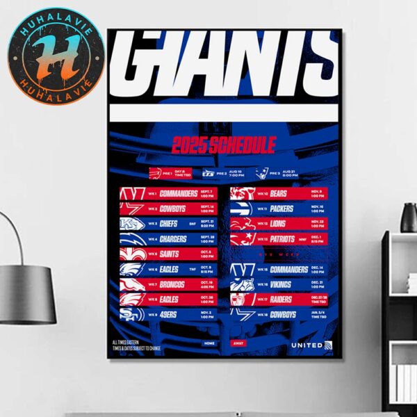 New York Giants NFL 2025 Season Schedule Home Decor Poster Canvas