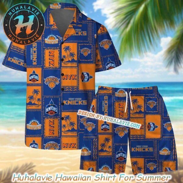 New York Knicks NBA Island Grid Pattern Logo Aloha Hawaiian Shirt And Beach Short
