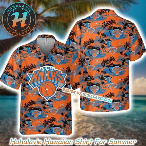 New York Knicks NBA Sunset Shore Big Logo With Tree 2025 Aloha Summer Hawaiian Shirt