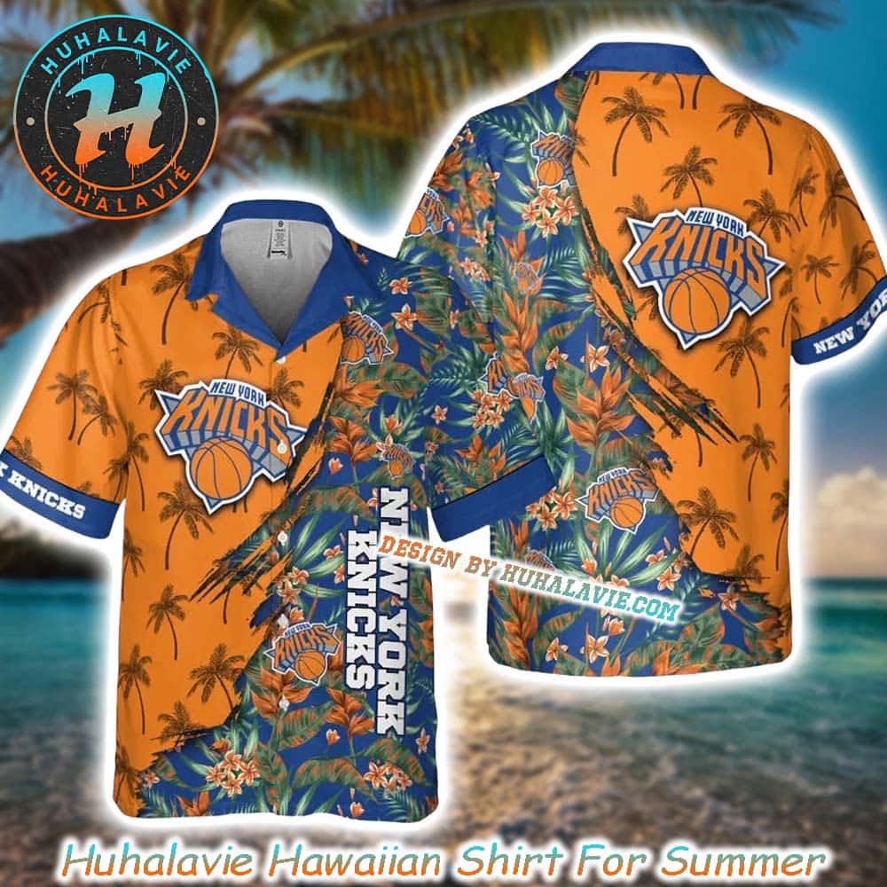 New York Knicks NBA Tropical Escape Orange With Blue Background Summer Hawaiian Shirt New York Knicks NBA Tropical Escape Orange With Blue Background Summer Hawaiian Shirt
