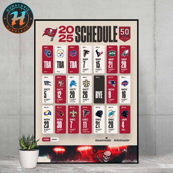 Tampa Bay Buccaneers NFL 2025 Season Schedule Home Decor Poster Canvas