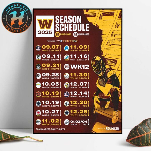 Washington Commanders NFL 2025 Season Schedule Home Decor Poster Canvas