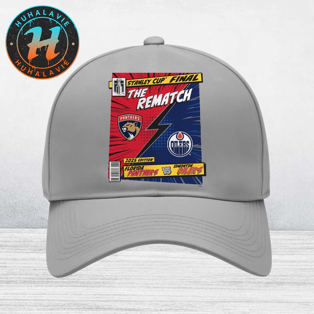 Florida Panthers Vs Edmonton Oilers 2025 Stanley Cup Final Rematch Comic Grey Classic Cap Snapback Hat Florida Panthers Vs Edmonton Oilers 2025 Stanley Cup Final Rematch Comic Grey Classic Cap Snapback Hat