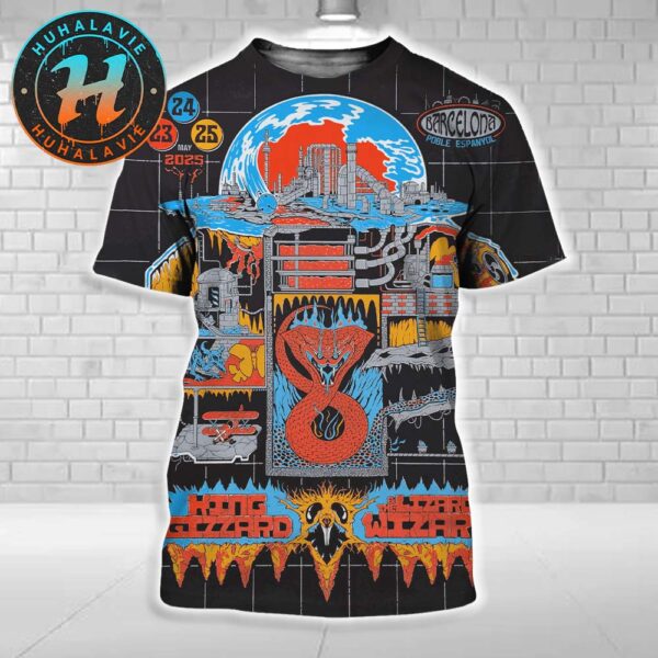 King Gizzard And the Lizard Wizard In Barcelona Spain Red Snake Concert Poster At Plaza Mayor de El Poble Espanyol On May 23 24 And 25 Tour 2025 All Over Print Shirt