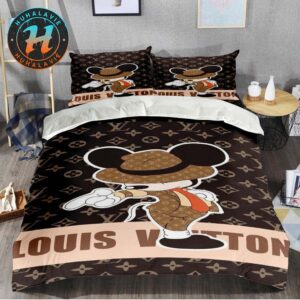 Louis Vuitton Drip Micky Mouse Gold Pattern Background Luxury Bedding Set