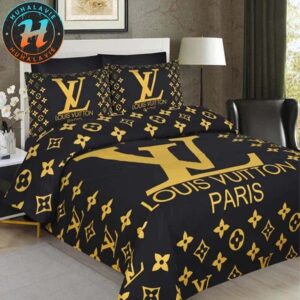 Louis Vuitton Golden Paris Black Background Bedding Set King