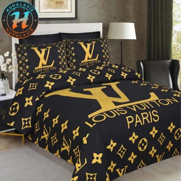 Louis Vuitton Golden Paris Black Background Bedding Set King