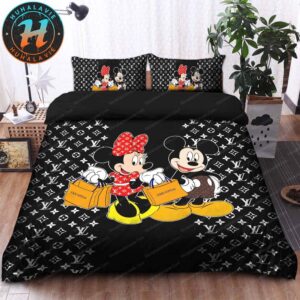 Louis Vuitton Mickey Mouse Black Background With Pattern Logo Bedding Set