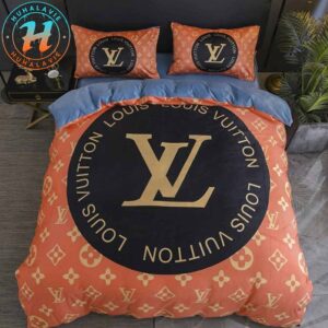 Louis Vuitton Pattern Logo With Orange Background Luxury Bedding Set