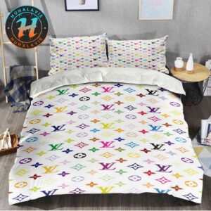 Louis Vuitton Rainbow Monogram Canvas Pattern Color White Background Bedding Set Queen