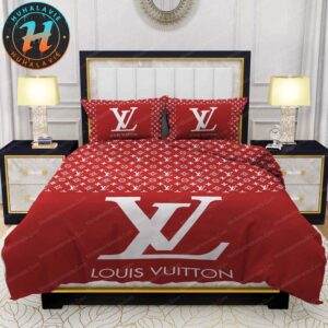 Louis Vuitton Red Background And White Pattern Bedding Set Queen