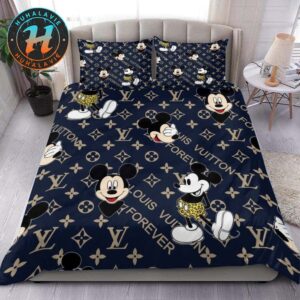 Louis Vuitton x Mickey Mouse Signature Monogram Canvas Pattern Navy Background Bedding Set
