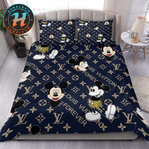 Louis Vuitton x Mickey Mouse Signature Monogram Canvas Pattern Navy Background Bedding Set