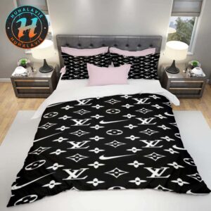 Louis Vuitton x Nike Monogram Canvas Pattern Black Background Bedding Set Full