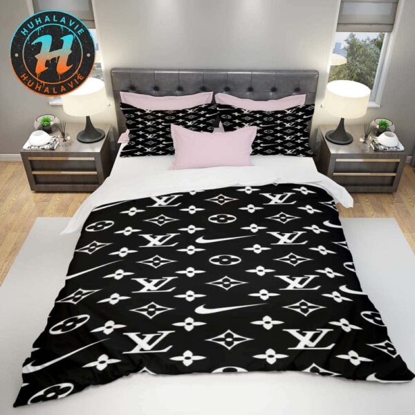 Louis Vuitton x Nike Monogram Canvas Pattern Black Background Bedding Set Full