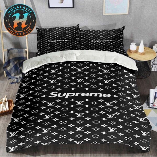 Louis Vuitton x Superme Black Background Monogram Canvas Pattern Bedding Set King