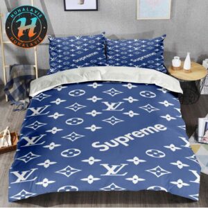 Louis Vuitton x Superme Monogram Canvas Pattern Blue Background Bedding Set