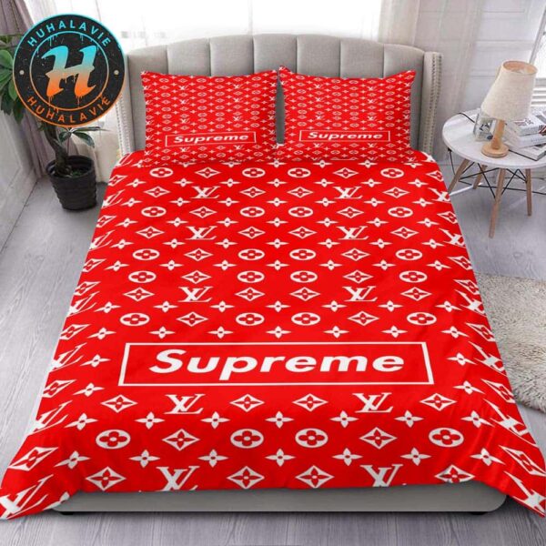Louis Vuitton x Superme Red Background Monogram Canvas Pattern Bedding Set Queen