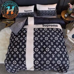Louis Vuitton x Superme White Logo Black Luxury Brand Bedding Set