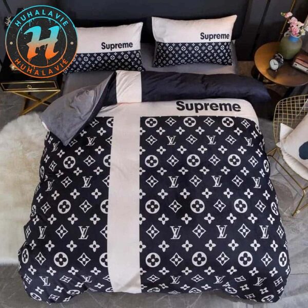 Louis Vuitton x Superme White Logo Black Luxury Brand Bedding Set