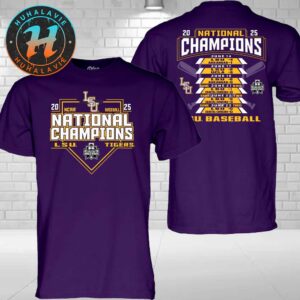 Official LSU Tigers 2025 NCAA Baseball Mens College World Series Champions Schedule Two Sided Print T-Shirt