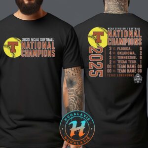 Official Texas Longhorns Womens Scores 2025 NCAA Softball Womens College World Series Champions Two Sided Print T-Shirt