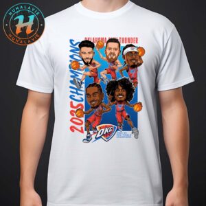 Oklahoma City Thunder Caricature Full Court 2025 NBA Finals Champions White Unisex T-Shirt