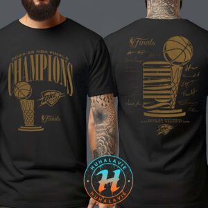 Oklahoma City Thunder Double Dribble Roster Trophy 2025 NBA Finals Champions Two Sided Print T-Shirt