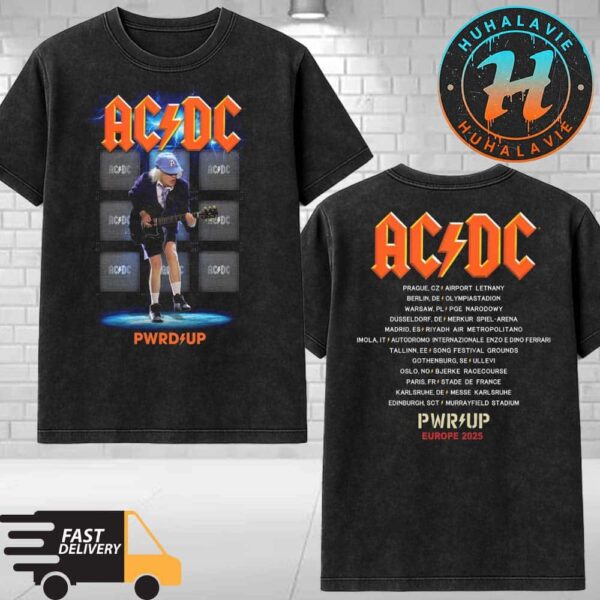 ACDC Angus Amps Exclusive Tee PWR UP Europe Tour 2025 Cities List Washed T-Shirt