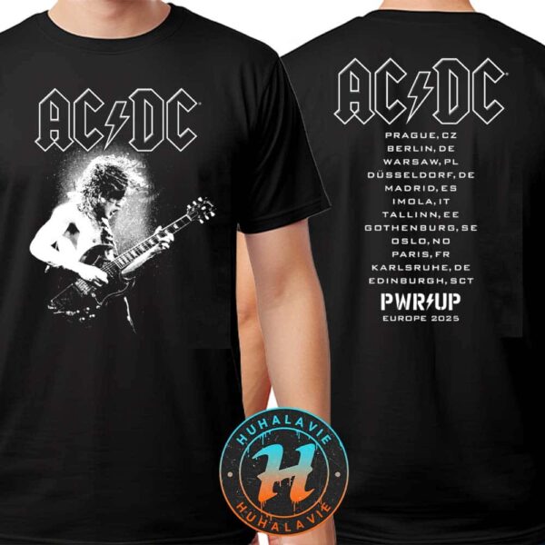 ACDC Angus Electric PWR UP EU Tour 2025 Cities List Start In Prague CZ Black Two Sided Print Unisex T-Shirt