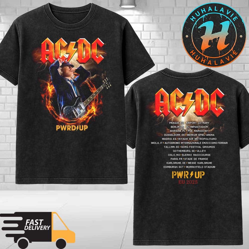 ACDC Angus Horns Merch Tee PWR UP EU Tour 2025 Start In Prague CZ Washed T-Shirt ACDC Angus Horns Merch Tee PWR UP EU Tour 2025 Start In Prague CZ Washed T-Shirt