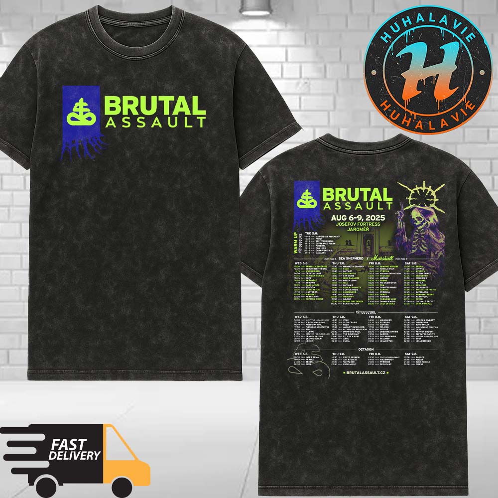 Brutal Assault Festival 2025 In Jaromer Czech Republic Lineup Full Poster At Josefov Fortress On August 6-9 2025 Washed T-Shirt Brutal Assault Festival 2025 In Jaromer Czech Republic Lineup Full Poster At Josefov Fortress On August 6-9 2025 Washed T-Shirt