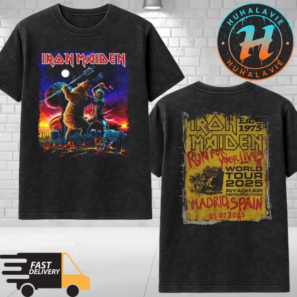 Iron Maiden Madrid Spain Merchandise Tee At Riyadh Air Metropolitano On July 5 Run For Your Lives Tour 2025 Washed T-Shirt
