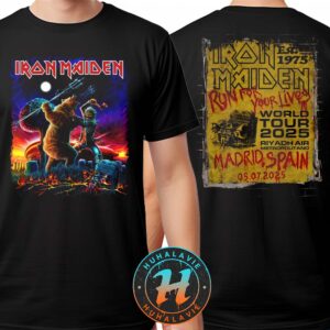 Iron Maiden Run For Your Lives 2025 Tour Madrid Spain Tee At Riyadh Air Metropolitano On July 5 2025 Two Sided Print Unisex T-Shirt