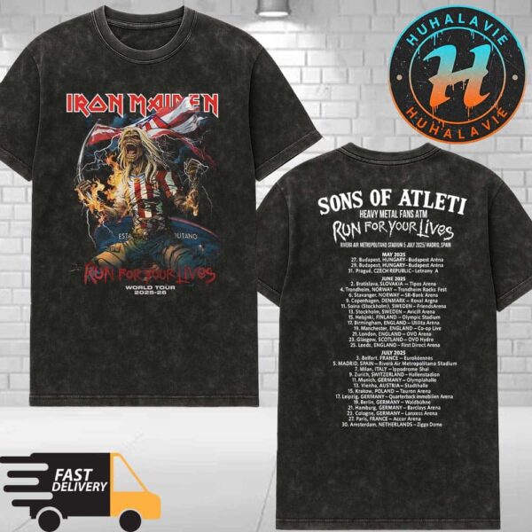Iron Maiden Sons Of Atleti Heavy Metal Fans ATM Eddie Atletico de Madrid Merch Run For Your Lives World Tour 2025 2026 Washed T-Shirt