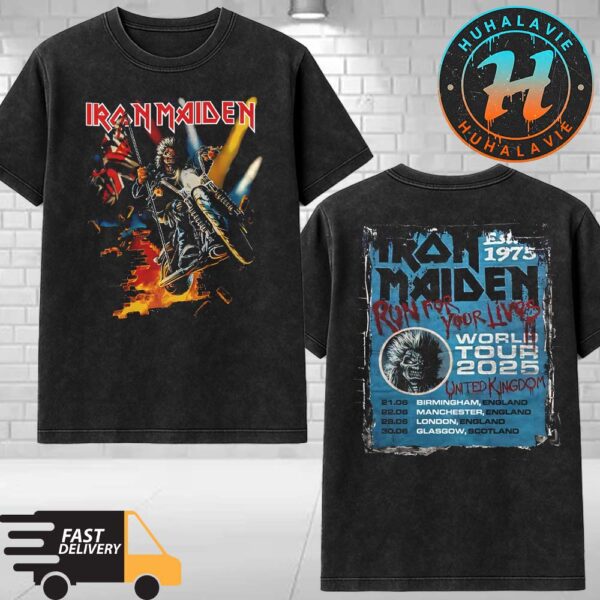 Iron Maiden United Kingdom Merchandise Tee Biker Eddie Breaks Through the Wall Run For Your Lives World Tour 2025 Dates List Washed T-Shirt