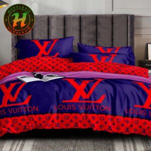 Louis Vuitton Bright Red Logo Luxury With Navy and Red Background Bedding Set